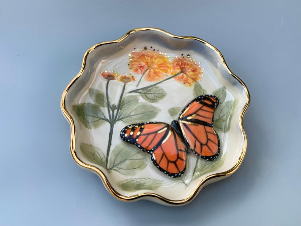 Monarch Butterfly Jewelry Dish with Lantana Flower and Gold Accent