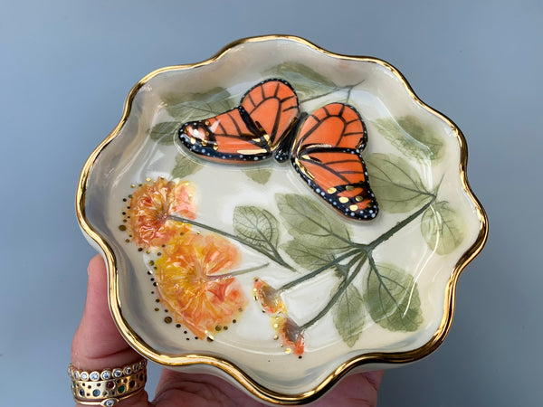 Monarch Butterfly Jewelry Dish with Lantana Flower and Gold Accent