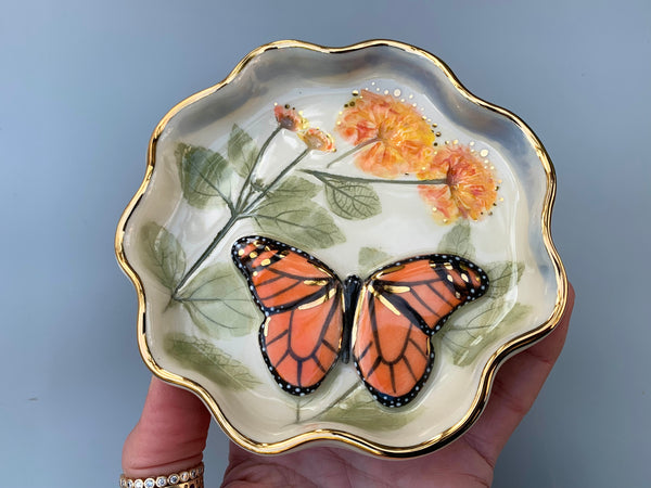 Monarch Butterfly Jewelry Dish with Lantana Flower and Gold Accent