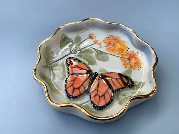 Monarch Butterfly Jewelry Dish with Lantana Flower and Gold Accent