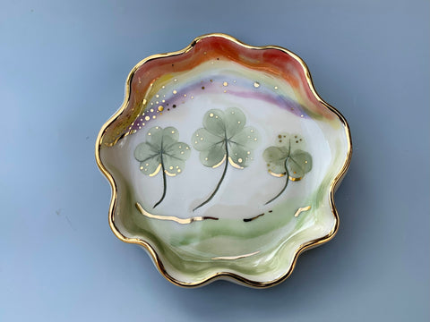 Rainbow Shamrocks, Ceramic Jewelry Dish with Lemon Clover and Real Gold