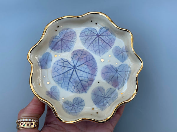 Heart-shaped lily pad jewelry dish with real gold accents