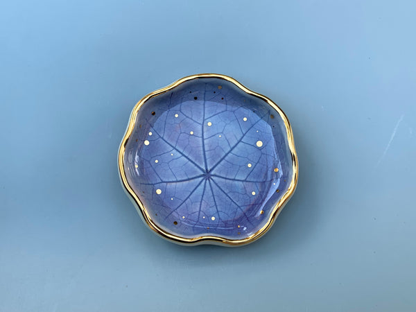 Small Periwinkle Blue Ceramic Leaf Dish with Gold Accents, Nasturtium lily pad