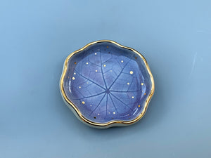 Small Periwinkle Blue Ceramic Leaf Dish with Gold Accents, Nasturtium lily pad