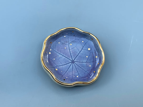 Small Periwinkle Blue Ceramic Leaf Dish with Gold Accents, Nasturtium lily pad