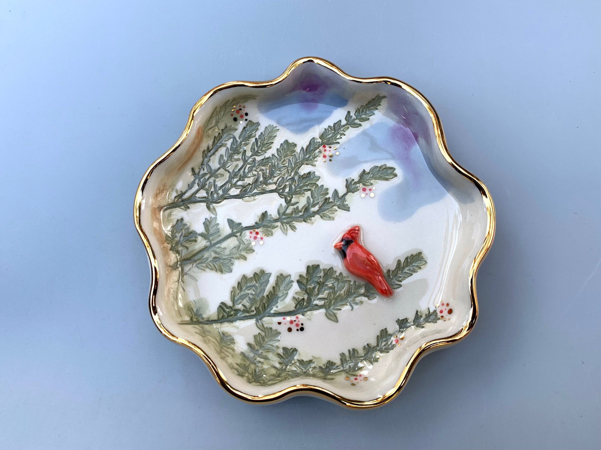 Cardinal jewelry dish, Ceramic dish with botanical imprints