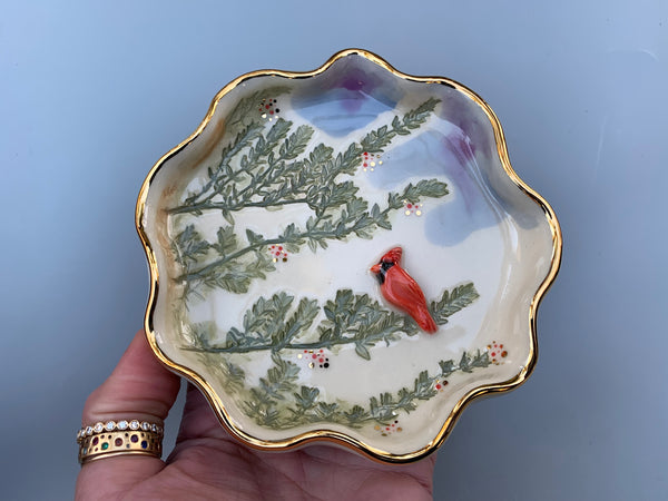 Cardinal jewelry dish, Ceramic dish with botanical imprints