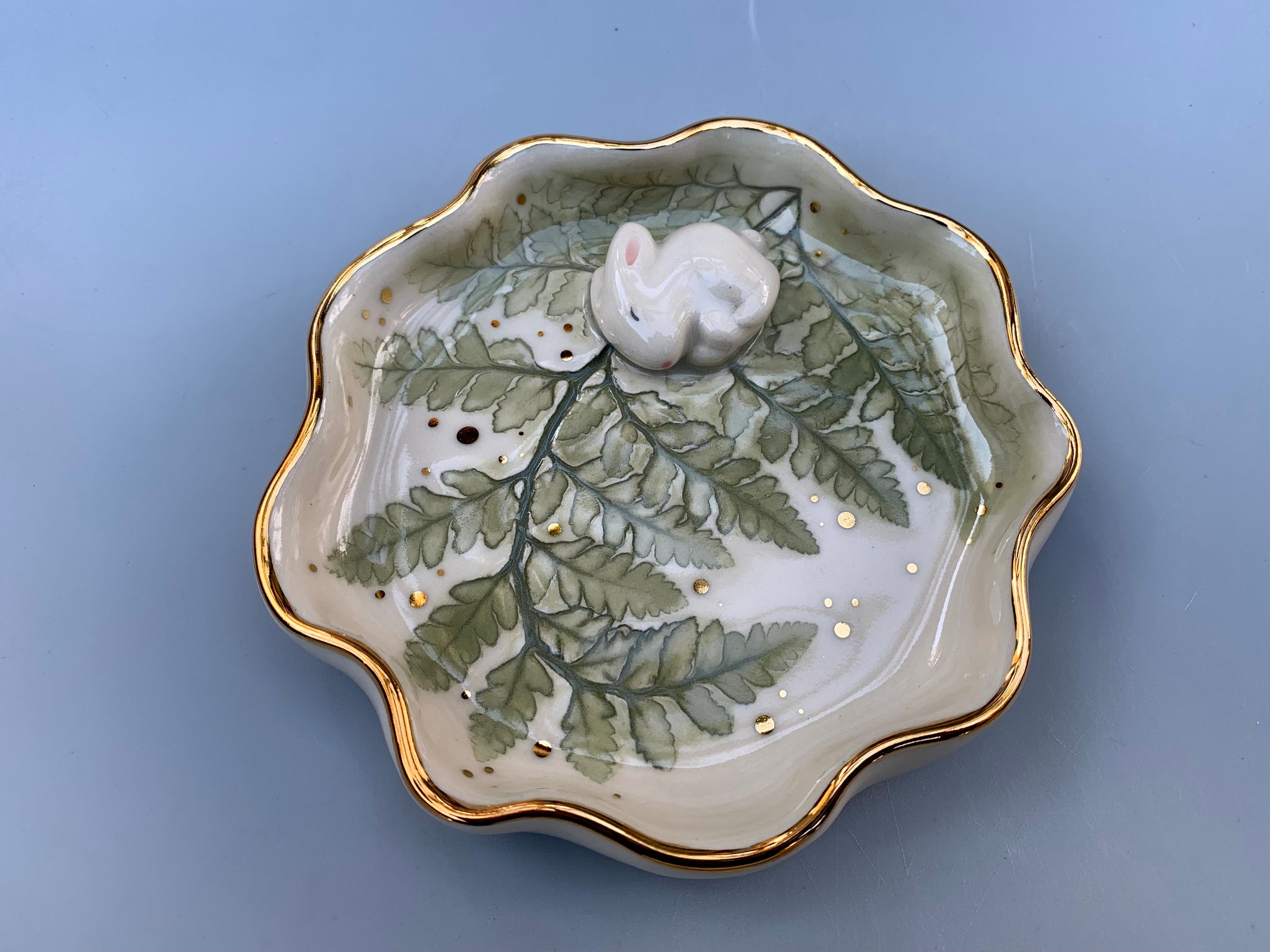 Bunny on Sparkling Fern Jewelry Dish, Ceramic with Real Gold