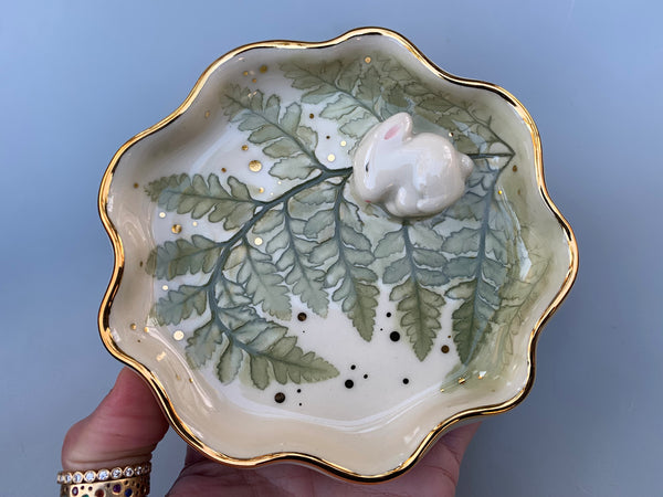 Bunny on Sparkling Fern Jewelry Dish, Ceramic with Real Gold