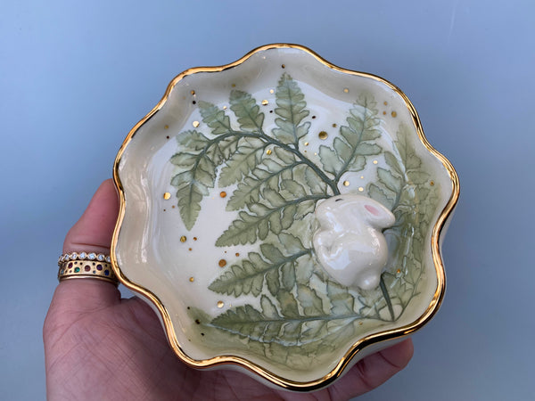 Bunny on Sparkling Fern Jewelry Dish, Ceramic with Real Gold