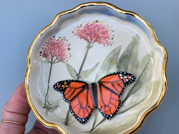 Monarch Butterfly Jewelry Dish with Valerian Flower and Gold Accent