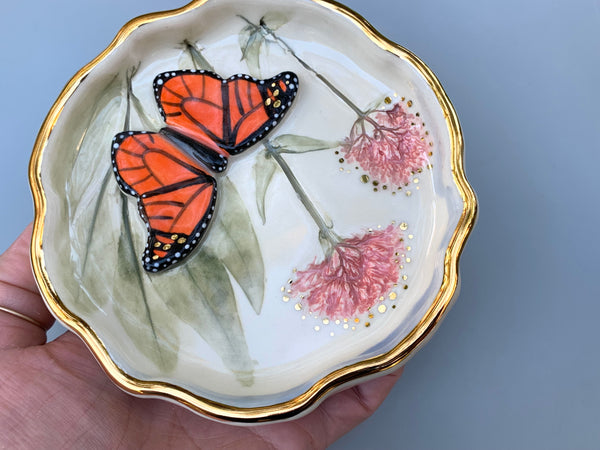 Monarch Butterfly Jewelry Dish with Valerian Flower and Gold Accent
