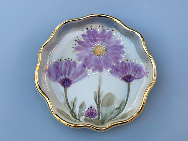 Purple Daisy Meadow Jewelry Holder, Ceramic Dish with Flower Imprint - Vuvu Ceramics