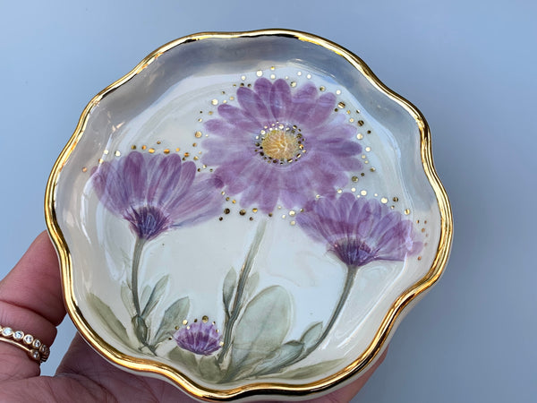 Purple Daisy Meadow Jewelry Holder, Ceramic Dish with Flower Imprint - Vuvu Ceramics